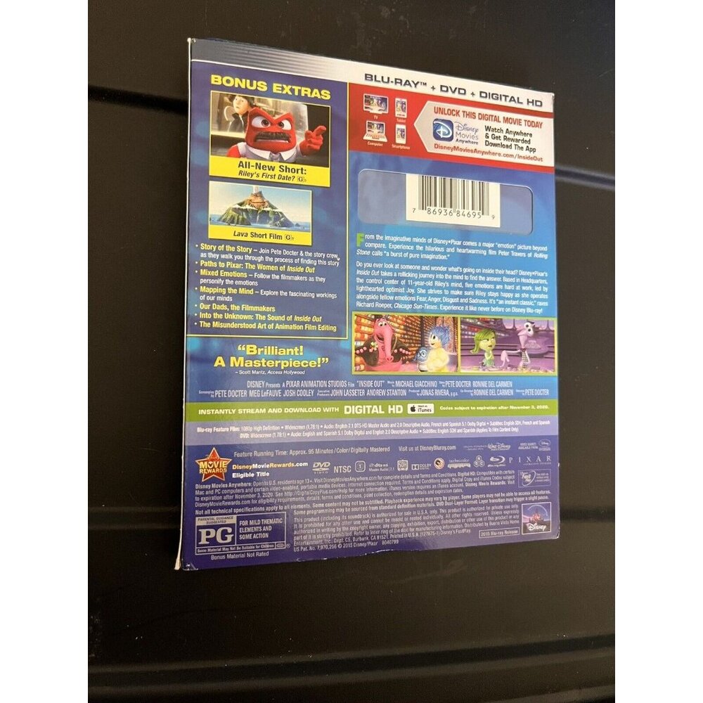 Disney's Pixar Inside Out (Blu-ray DVD + Digital HD) Mint Sealed Brand New NWT - Picture 5 of 6